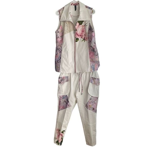 Berek Two Piece Jumpsuit Womens XL/M Pink Floral Bunco Bridge Patchwork - Picture 1 of 14